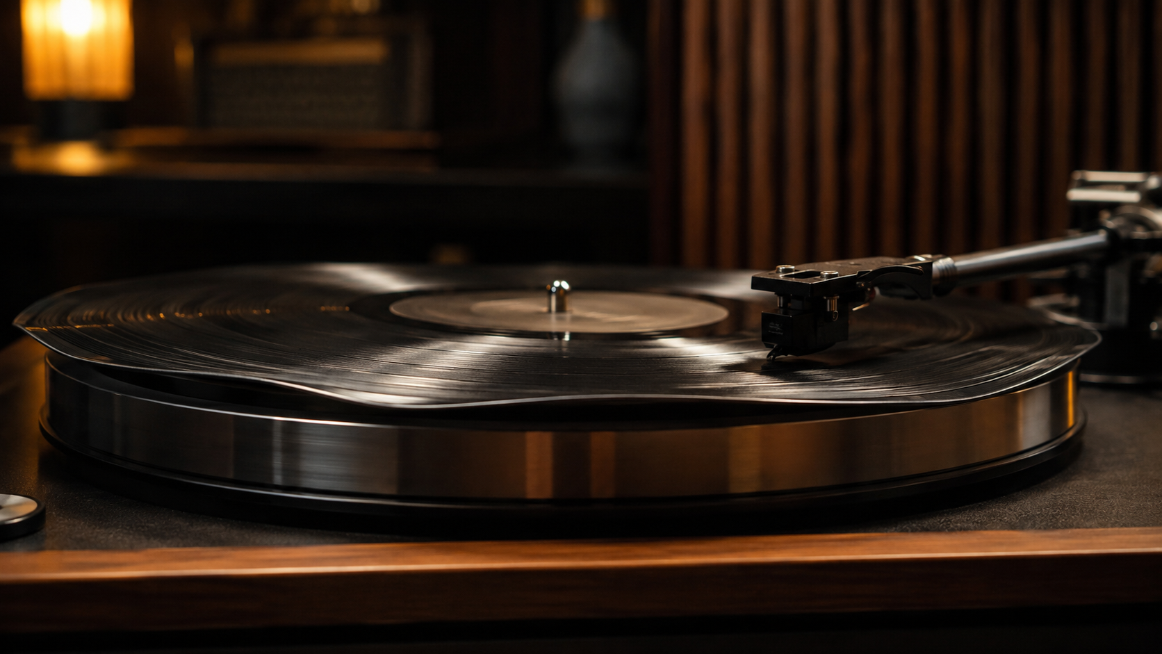 Disco de vinil empenado girando em um toca-discos